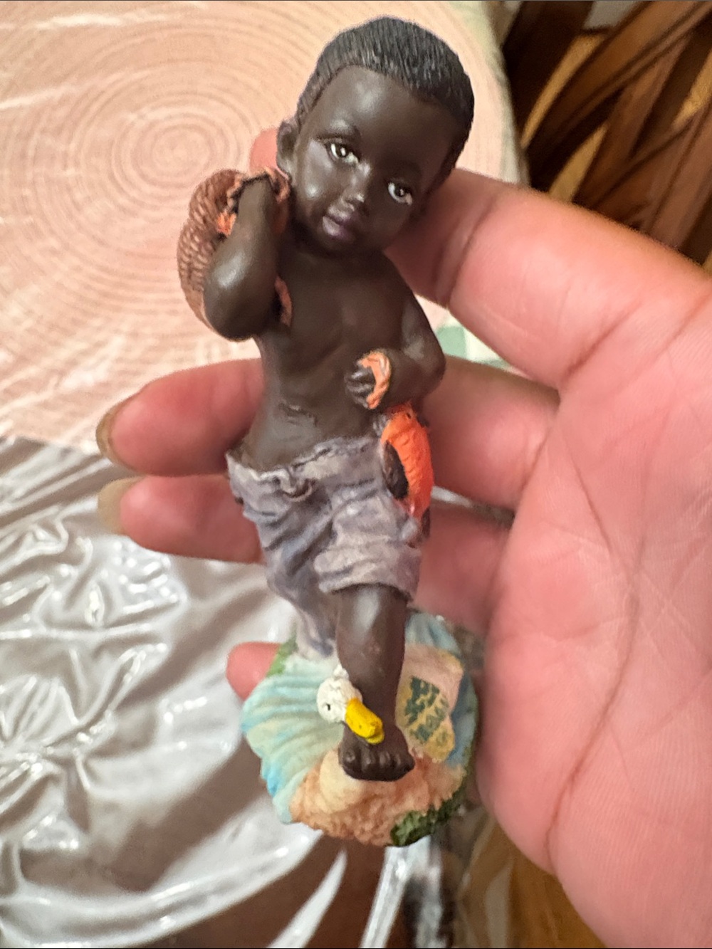 Vintage African American Boy Fishing with Duck Resin Figurine